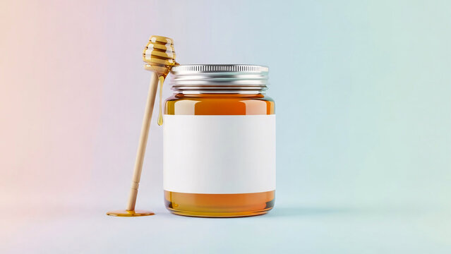 Honey in a jar with a honey dipper on a pastel background