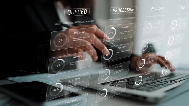 Task management tool dashboard showing kanban-style workflow with columns for to do, in progress, in review, and done, including task cards, progress, and team icons Marrow