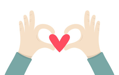Hands holding red heart symbolizing love, care and compassion concept, flat style