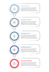 Vertical five step process infographic with circular elements connected by arrows, showing a sequential process or workflow