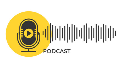 Podcast logo featuring microphone icon with play button on yellow circle next to sound waveform