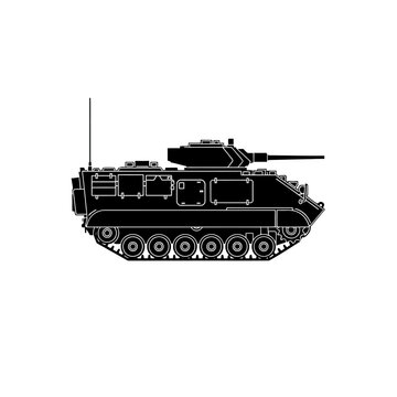 Silhouette of armored personnel carrier tank on white background, military vehicle illustration