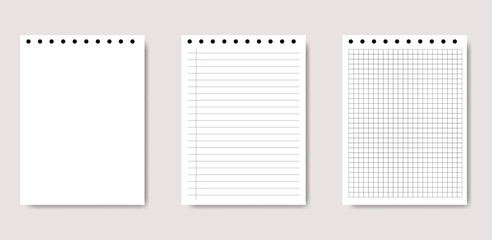 Set of Notebook Paper Pages, Blank Lined and Grid Sheets for Notes, To-Do List and Sketching
