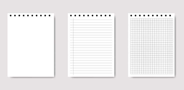 Set of Notebook Paper Pages, Blank Lined and Grid Sheets for Notes, To-Do List and Sketching
