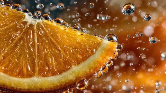 Close view of orange slice in sparkling water during afternoon light
