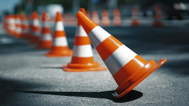Construction work ongoing on city street with multiple orange traffic cones marking the area and directing vehicles away