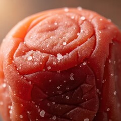 Close Up of Pickled Japanese Umeboshi Plum with Salt Crystals Macro Detail Asian Cuisine Ingredient Food Condiment Traditional Flavor Texture