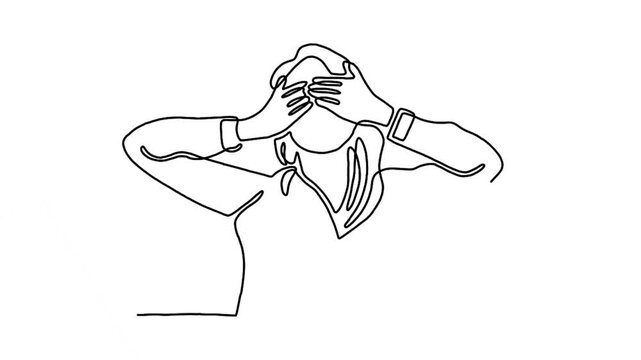 continuous line animation of woman closes her eyes with hands