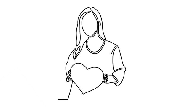 Continuous line animation of woman hugging heart shaped object
