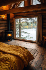 Naklejka premium cozy bedroom with a wood stove lake view through a large window