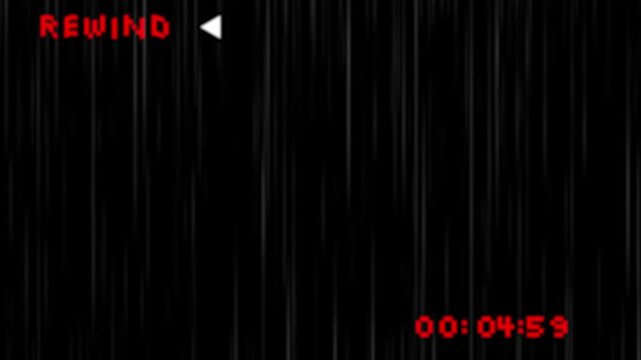 Old VHS analog TV rewind screen with timecode on black background, 4K video