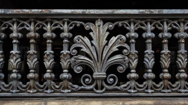Ornate metal railing shows detailed design in a historic building with intricate patterns and shapes in the architecture
