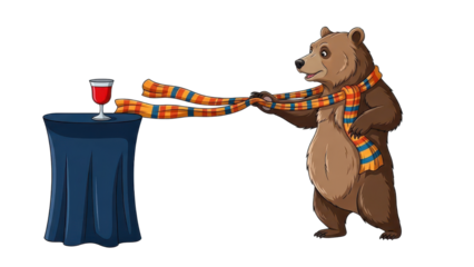 Cartoon Brown Bear Wearing Striped Scarf Reaching for Red Wine Glass on Blue Table isolated PNG with Transparent Background