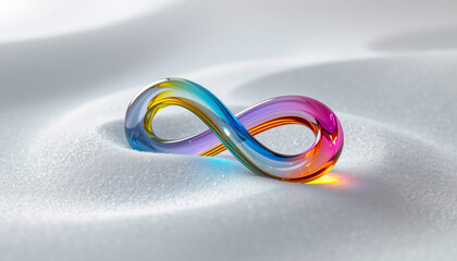 Fototapeta premium A vibrant, multicolored glass infinity symbol resting on a bed of soft, sparkling white sand.
