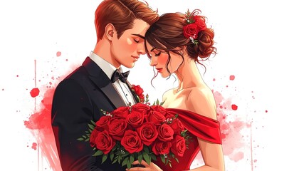 A romantic couple embracing each other with a bouquet of red roses on a white background