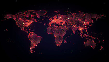 Digital World Map Illustrating Global Connections and Network Activity with Red Lights and Lines
