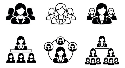 Modern icon set featuring business women, teamwork, and organizational charts for corporate and professional use
