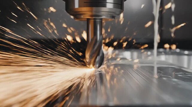 Close Up Macro Shot Of Metal Milling Machine Cutting Metal Surface Generating Sparks And Coolant Fluid In Factory Workshop
