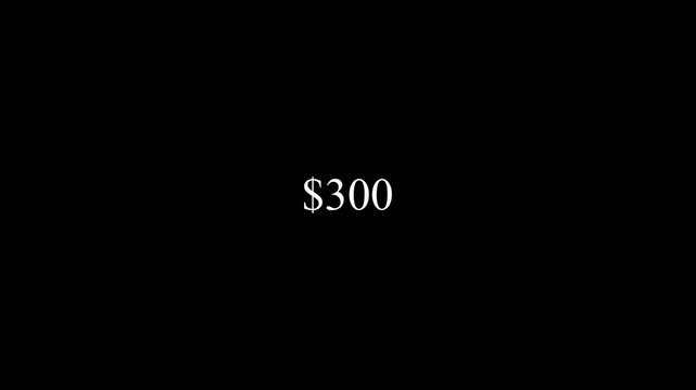Dollar number counter animation from 0 to 500 in 4k for amount concept and financial or business use, animated dollar counting from zero to five hundred  on transparent background. 