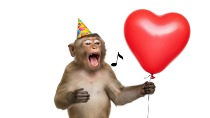 Funny Monkey Wearing Party Hat Holding Red Heart Balloon Singing isolated PNG with Transparent Background