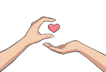 Two human hands exchanging a small heart symbol, minimal illustration representing love, trust, and emotional sharing isolated on transparent background for relationship concepts