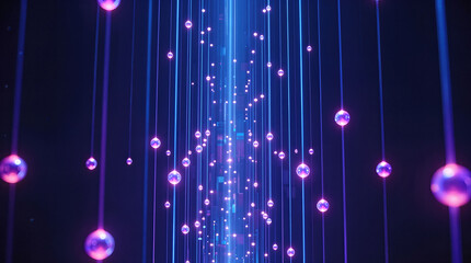 Purple and blue glowing orbs with light beams on dark background