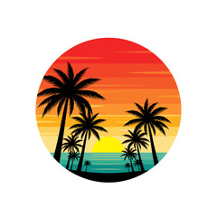 Fototapeta premium Retro Tropical Sunset with Palm Tree Silhouettes in Circle