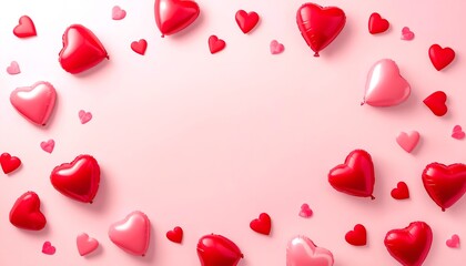 A pink background with red and pink heart-shaped balloons scattered around