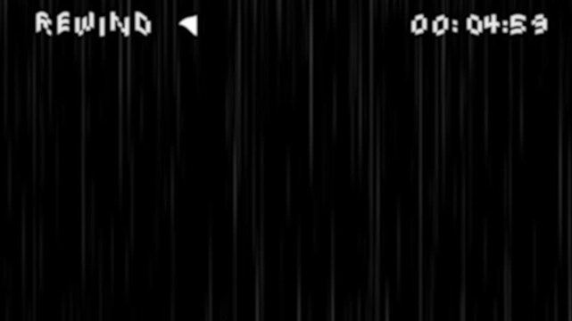 Old VHS analog TV rewind screen with timer on black background, 4K video