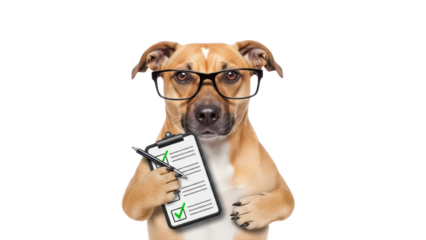 Smart brown dog wearing glasses holding a clipboard with a checklist and pen isolated PNG with Transparent Background