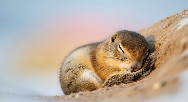 arctic ground squirrel curled up sleeping in a burrow
