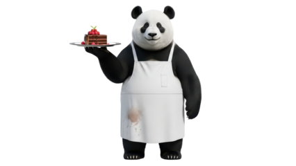 Panda Chef Wearing White Apron Holding Chocolate Cake Slice on Silver Tray isolated PNG with Transparent Background