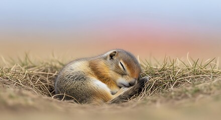 Fototapeta premium arctic ground squirrel curled up sleeping in a burrow