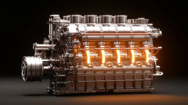 Detailed view of a complex engine design with exposed components, showcasing mechanical parts, wires, and internal systems in a studio setting