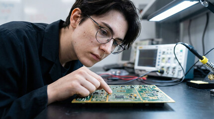 Young engineer in black lab coat focused on inspecting electronic circuit board with oscilloscope and tools in high tech hardware laboratory