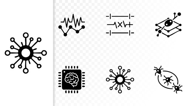 Set of 6 Minimal Neuromorphic Computing Icons Isolated White Background Brain Chip Memristor SNN