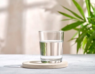 自然光とグリーンに囲まれた透明なグラスの新鮮な水
