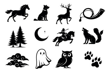 Obraz premium Bold silhouette set featuring wild animals, nature symbols, and fantasy icons for design projects
