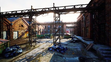 Fototapeta premium Sunlight filters through an old abandoned industrial area, showcasing rusty beams and weathered buildings. Piles of trash and overgrown plants hint at nature reclaiming this forgotten space.