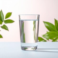 自然光とグリーンに囲まれた透明なグラスの新鮮な水
