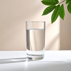 自然光とグリーンに囲まれた透明なグラスの新鮮な水
