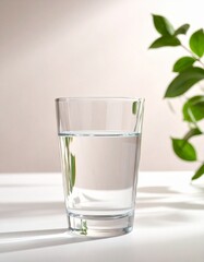 自然光とグリーンに囲まれた透明なグラスの新鮮な水
