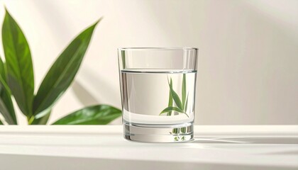 自然光とグリーンに囲まれた透明なグラスの新鮮な水
