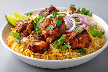 Fototapeta premium Chicken biryani serving meal with rice and spices
