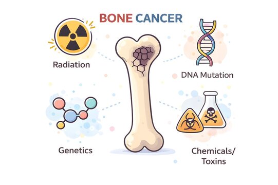 Educational medical illustration showing bone cancer causes including radiation, DNA mutation, chemicals, and molecular symbols in clean infographic style.