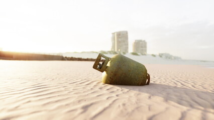 A serene beach unfolds at dusk as a green buoy lies quietly on the fine sand. Nearby, gentle waves kiss the shore while soft sunlight casts a warm glow on distant buildings. © icetray