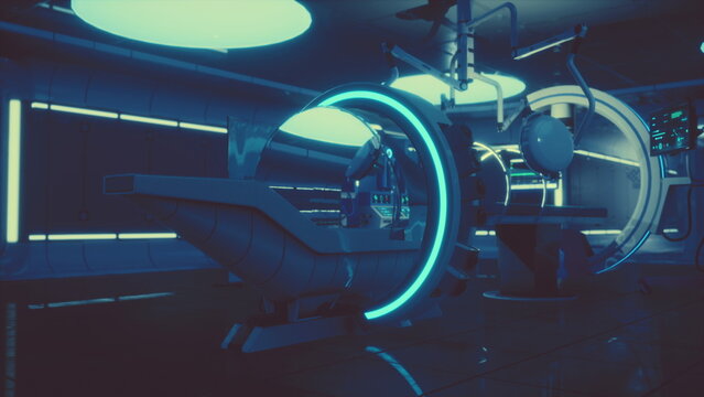 Inside a sleek, high tech medical facility, glowing blue lights emphasize the futuristic design.