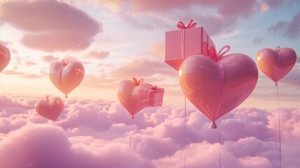 Fototapeta premium A Box flying on a parachute with pink cloud in valentine day,package flying down from sky and cloud with parachute, concept for delivery service,shopping online,air delivery service.