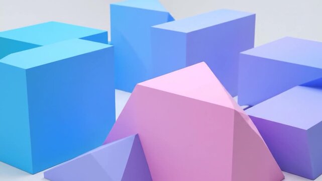 Abstract arrangement of geometric shapes in pastel blue, pink, and purple hues