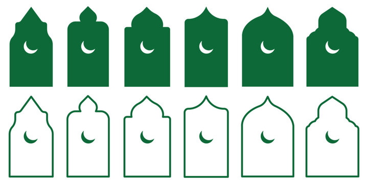 Old islamic window shapes vector set in oriental style. green silhouette eid mubarak decorative arches, mosque borders or moroccan gates. Perfect for Eid, Ramadan, Diwali, and festive invitations.
